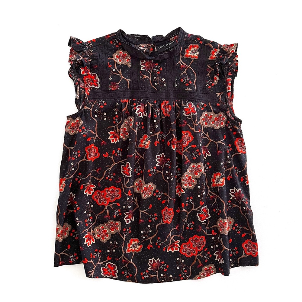 Lane Bryant Ruffle Cap-Sleeve Lace-Trim Top in Multicoloral Floral Print Size 14